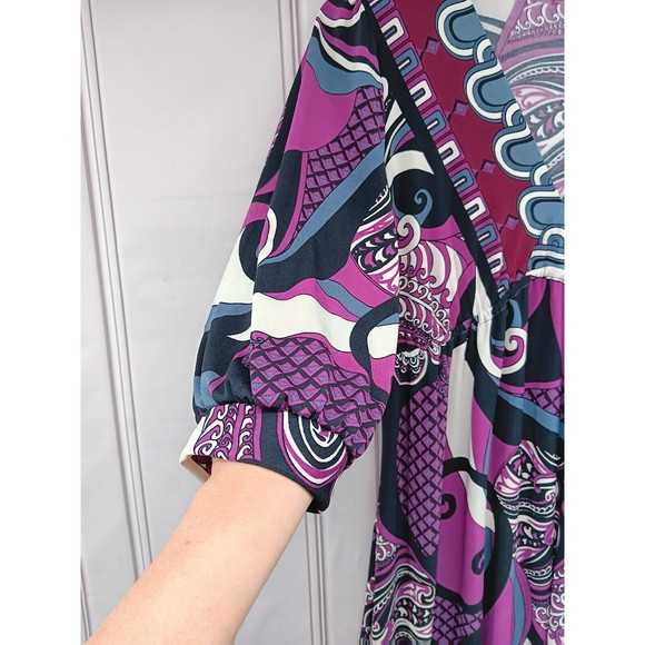 Bisou Bisou Dress Women's SZ 6 Stretch V-Neck High Waist Puff Sleeves Paisley EC - Picture 8 of 16